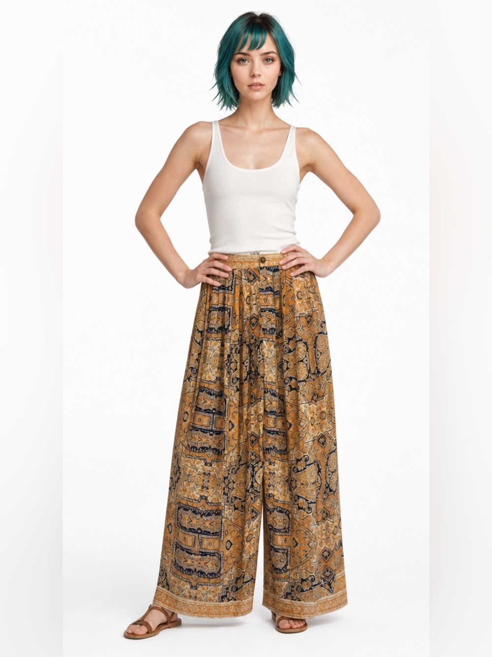 WE THE FREE, Denim and Print Wide Leg Pants, Sz 26